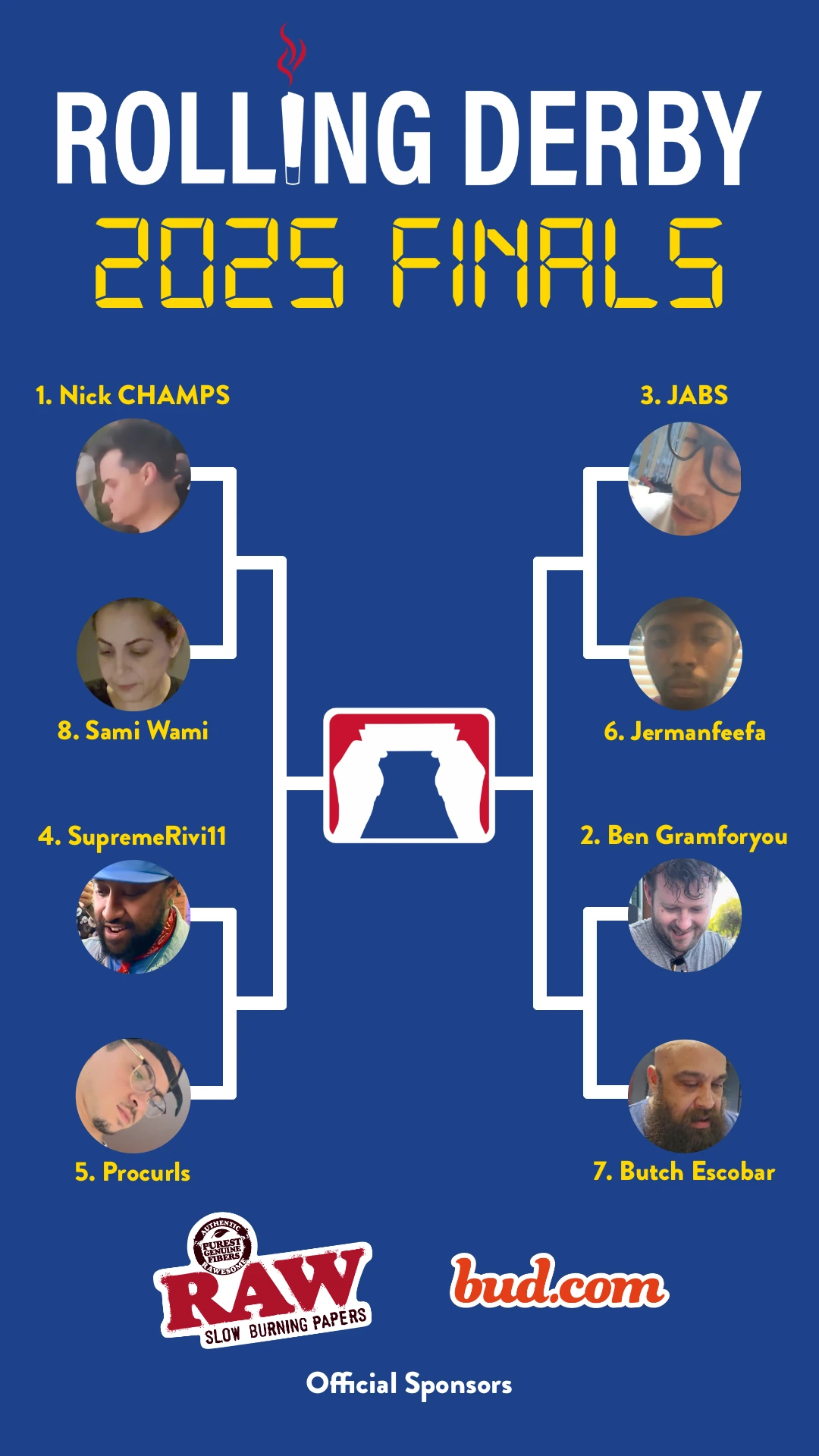 Rolling Derby 2025 semifinals vertical bracket showing eight competitors
