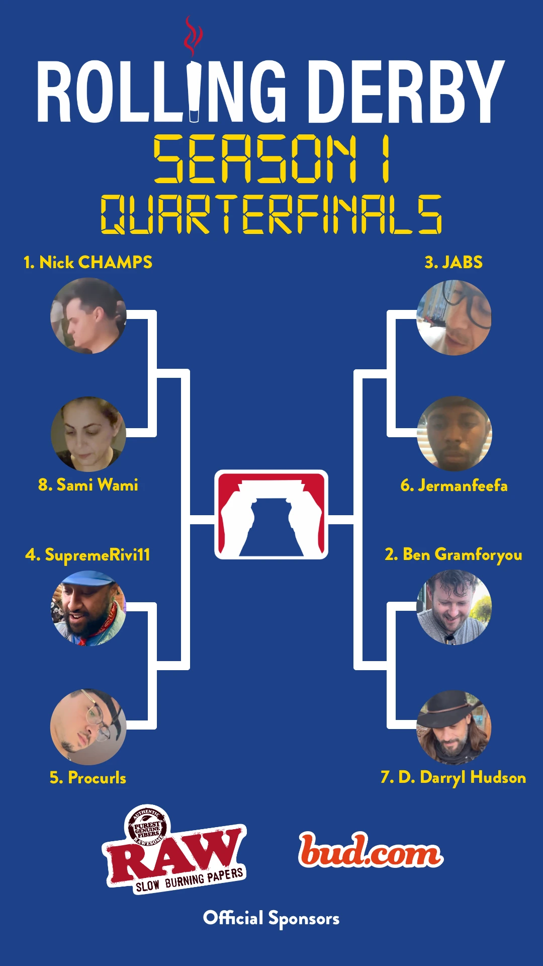 Rolling Derby Season 1 Quarterfinals vertical bracket showing eight competitors